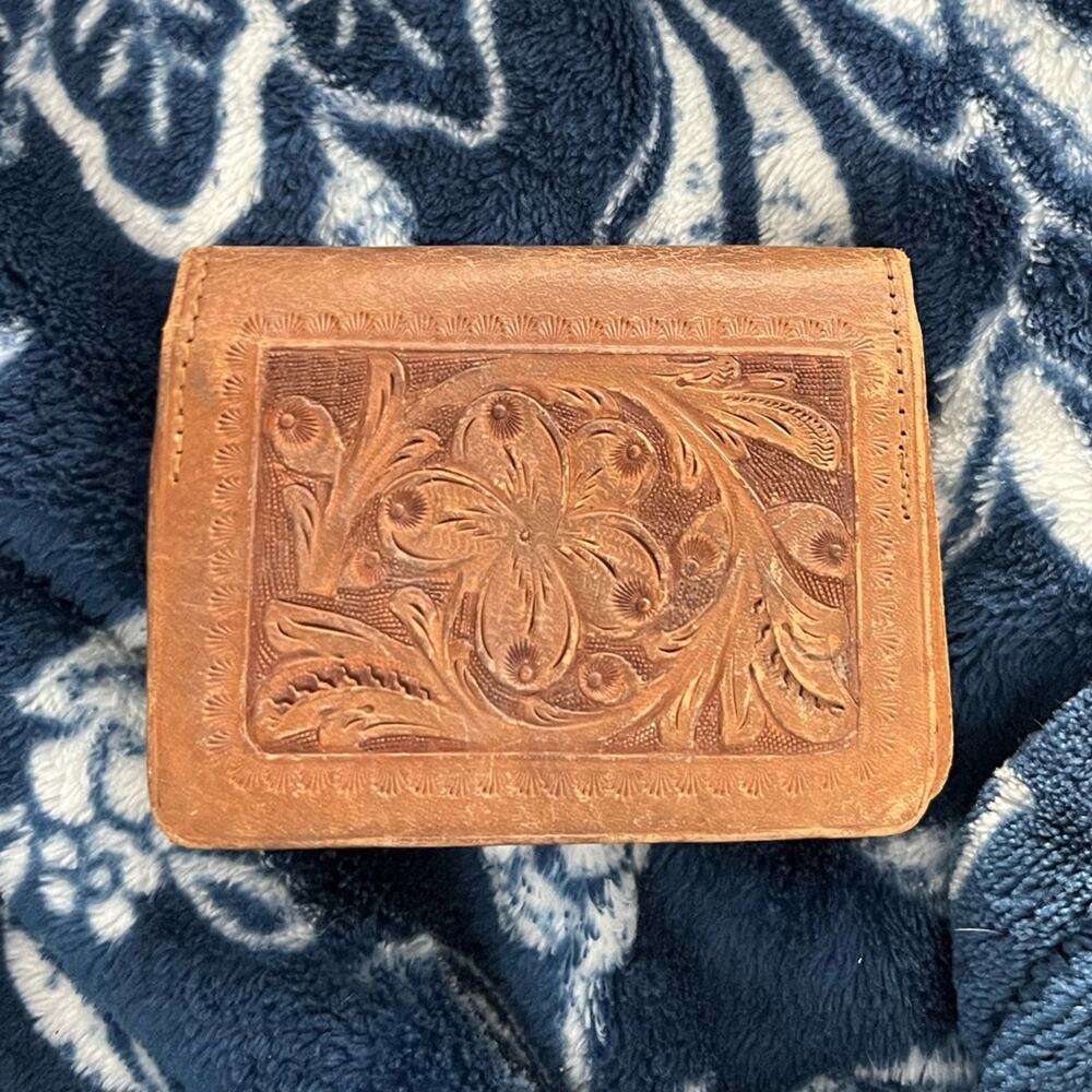 1898 Antique hand-tooled Leather billfold wallet featuring a floral pattern